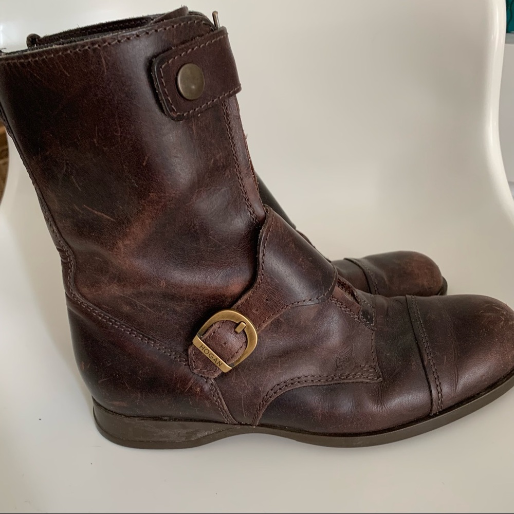 Hogan Brown Leather Buckled Biker Military Boots 6.5 BS2